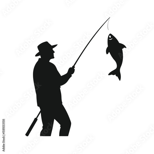 Silhouette of Fisherman Holding Rod with Bass Catch