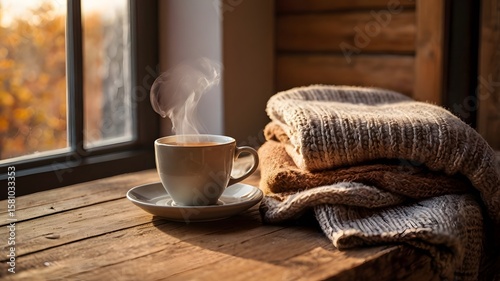 Escena otoñal acogedora con taza humeante y mantas tejidas junto a ventana