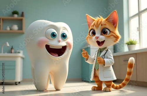 Cartoon tooth figurine with eyes and mouth. The tooth is like in a cartoon with a cat. They are sitting on the floor and talking. They're happy. Dental services for children. dental treatment.