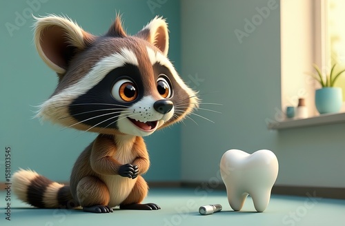 Cartoon tooth figurine with eyes and mouth. Tooth and raccoon are sitting on the floor. Tooth and tiger are smiling. The concept of pediatric dentistry. Dental services for children. dental treatment.