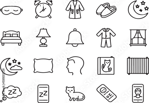 A collection of minimalist sleep and relaxation icons illustrating bedroom and bedtime elements