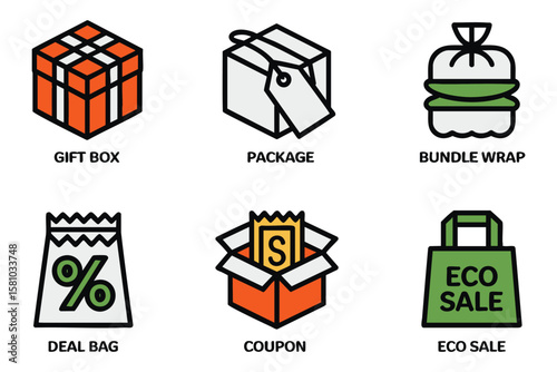 Shopping icons showcase a gift box, package, coupon, eco bag, deal and wrap offering visual representation of retail shopping.