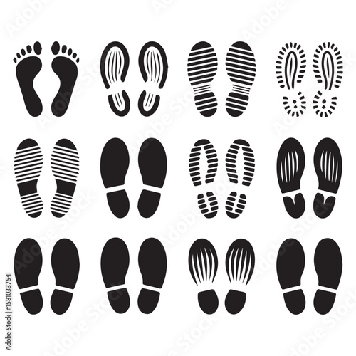 A diverse set of black footprint and shoe print silhouettes isolated on white background, great for design elements