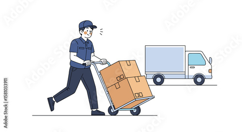 Delivery person pushing a trolley with a large cardboard box toward a truck for shipping and logistics services
