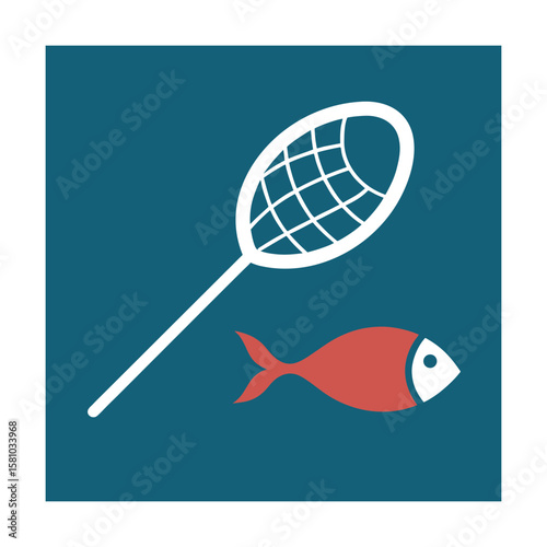Simple Fishing Net Icon with Fish Symbol for Nautical Designs
