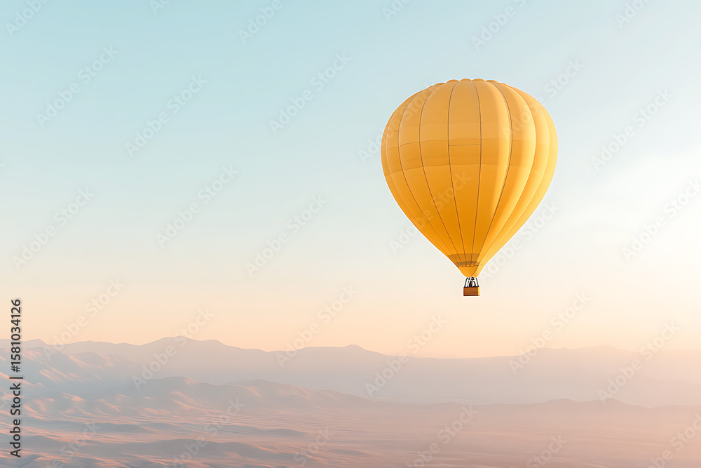Hot air balloon soars above the desert landscape, bathed in the soft glow of a pastel sunrise, offering a sense of adventure and freedom. Hot air balloon soars above the desert landscape, bathed in the soft glow of a pastel sunrise, offering a sense of adventure and freedom.