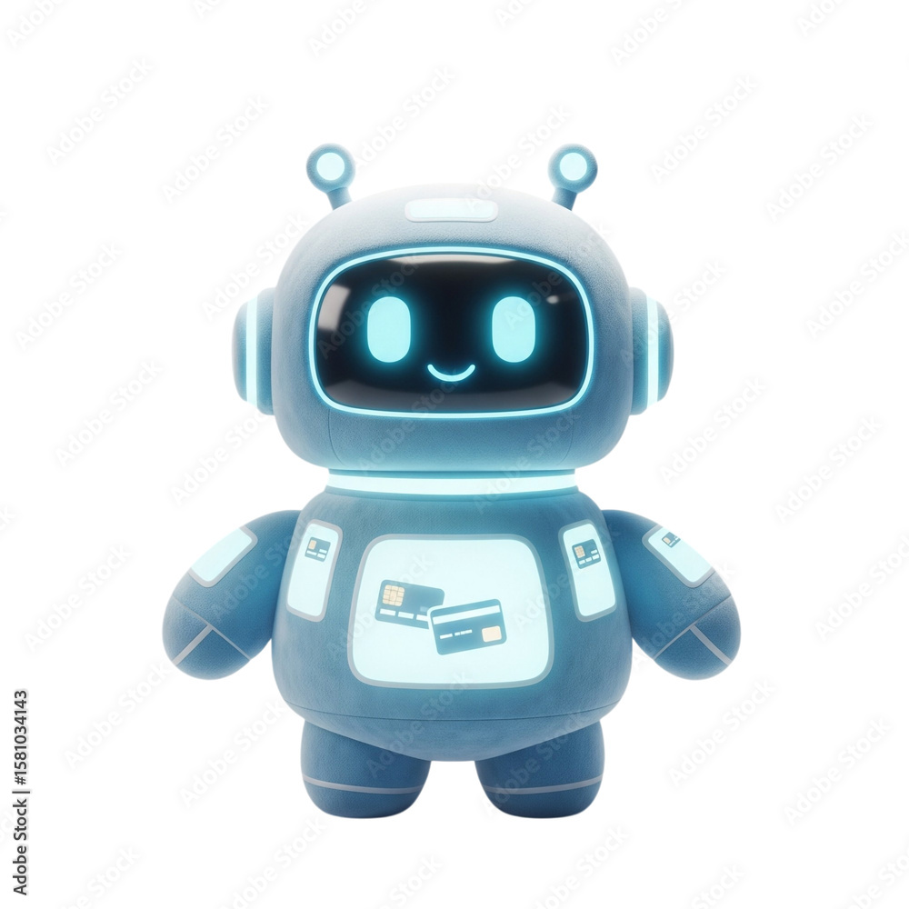 Friendly Blue Robot, Digital Payment Concept, 3D Render, Futuristic, Happy Mood Friendly Blue Robot, Digital Payment Concept, 3D Render, Futuristic, Happy Mood