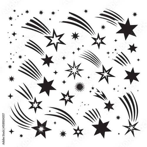 A dynamic array of shooting stars and celestial stars creates a captivating cosmic pattern against a stark white backdrop