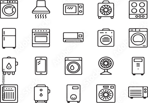 Vector illustration of various household appliances and electronic gadgets in outline style