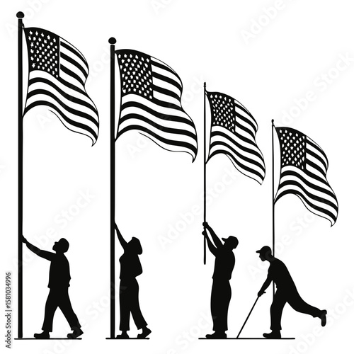 American flags raised by silhouetted figures flag raising