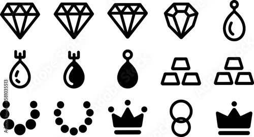 Gemstone diamond gold bar crown ring necklace droplet illustration set vector shape