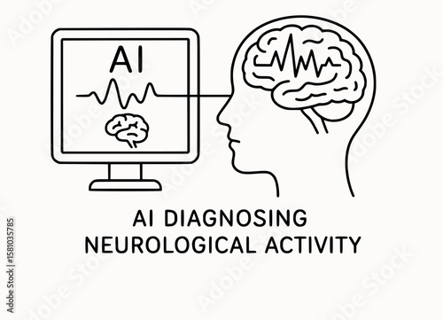 Line diagram of AI diagnosing neurological activity, minimalist neural interface concept
