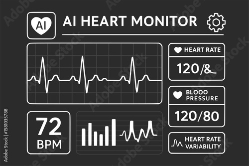 Monochrome heart monitor, minimalist ECG line vector illustration