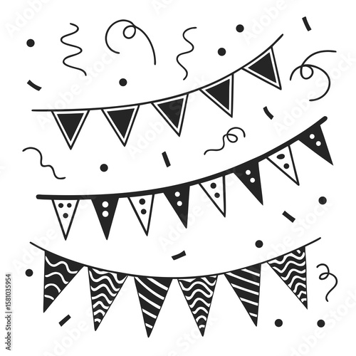 Black and white festive bunting flags and confetti