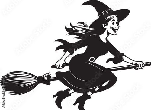  A black and white illustration of a witch riding a broomstick, rendered in a classic woodcut print style.   