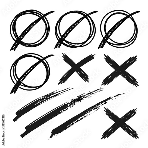 Black Ink Doodle Collection: A set of various hand-drawn black ink doodles. Circles with a strike through the middle, cross marks, and diagonal lines convey the raw energy of imperfect artistry.