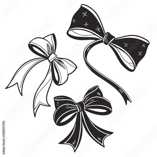 Elegant Bows in Black and White: An artistic display of three intricately crafted bows, elegantly rendered in a timeless monochrome palette, offering versatile decorative elements.