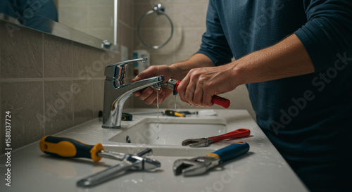 Handyman repairing a dripping bathroom sink faucet with professional tools. Home maintenance and plumbing service.