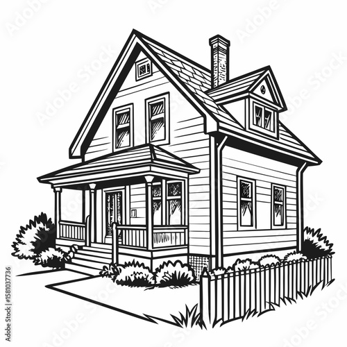 Dream Home: A classic two-story house with a welcoming porch, picket fence, and lush landscaping, representing the epitome of the perfect residence.