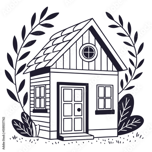 Cozy Cottage in Botanical Embrace: A charming cottage, embraced by a wreath of leaves, evokes feelings of warmth and serenity, a picture of tranquil domesticity.