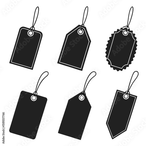 Black fashion tags with strings hang labels price tags