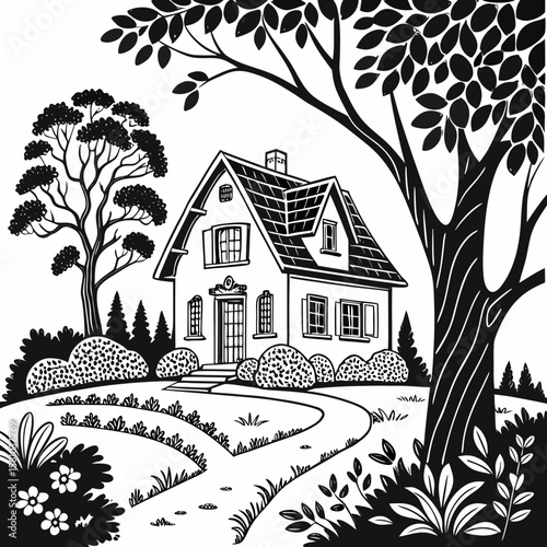 House in Landscape: Quaint house nestled amidst lush foliage and winding pathway in black and white.