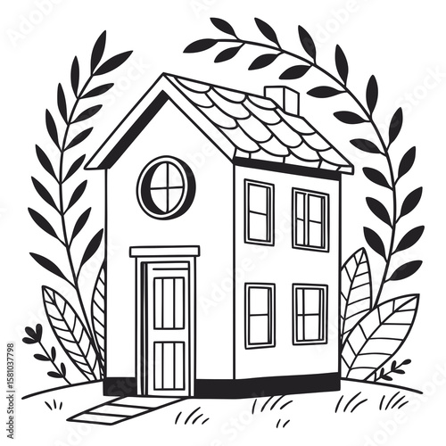 Cozy Home: Hand-drawn illustration of a quaint home, encircled by foliage, symbolizing tranquility and a connection to nature.