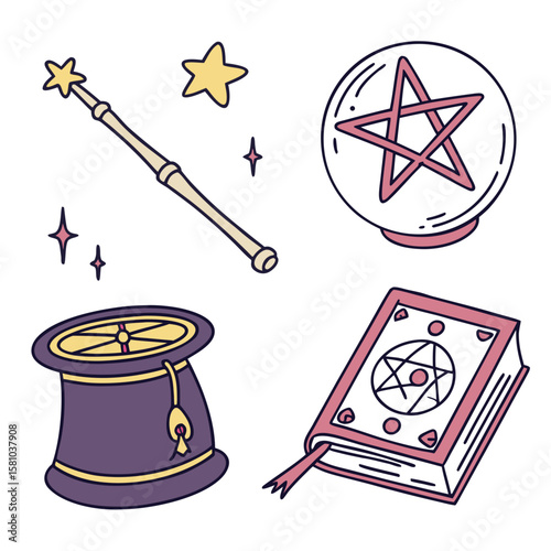 Magical Accessories: A collection of enchanting magical accessories, including a star-tipped wand, crystal ball, spellbook and magician hat. Evoking a sense of wonder and mysticism.