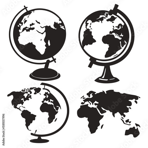 Black globes and world map silhouettes education geography
