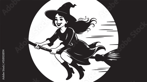 A black and white illustration of a witch riding a broomstick, rendered in a classic woodcut print style.   