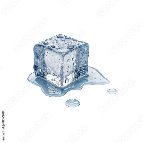Isolated Ice Cube Melting with Water Droplets - Refreshing, Cold, and Cooling Down on White Background