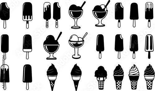 Ice Cream and Popsicle Black and White Icons Set | Summer Desserts Vector Illustration for Menu Design, Food Blog Graphics, and Print Materials