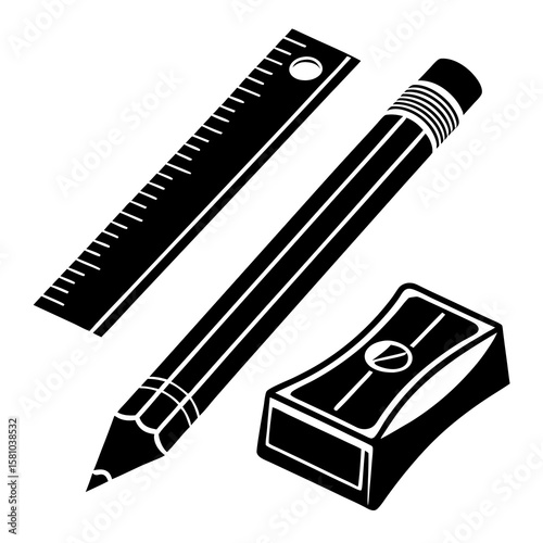 Black pencil ruler and sharpener on white stationery