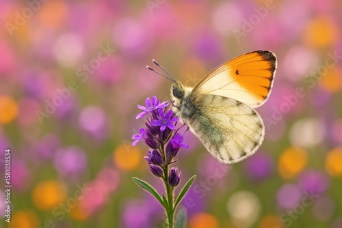 Amidst a sea of purple blooms, a butterfly finds solace on a delicate flower, embodying nature's serene beauty
