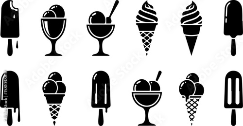 Ice Cream Vector Icon Collection | Summer Desserts and Frozen Treats Silhouettes for Menu Design, Food Graphics and Branding