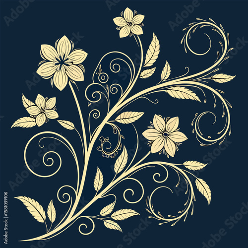 Elegant floral vector design featuring gilded spiral vines and delicate blossoms for decorative use