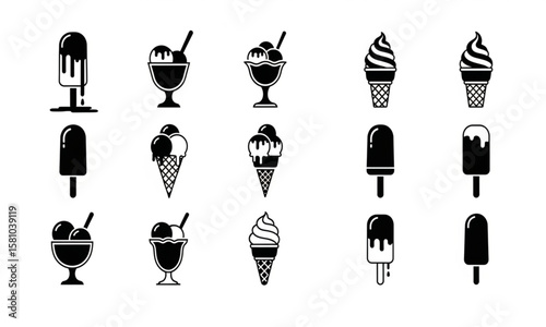 Ice Cream Icons Set - Black and White Dessert Collection | Summer Treat Graphics for Menu Design, Packaging, and Web