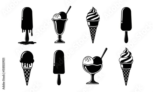 Assorted Ice Cream Collection - Black and White Silhouettes | Vector Set of Cones, Sundaes, and Popsicles for Menu Design, Food Illustrations, and Summer Graphics