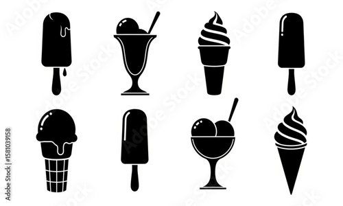 Ice Cream Set - Vector Silhouette Icons of Summer Desserts for Menu Design and Marketing