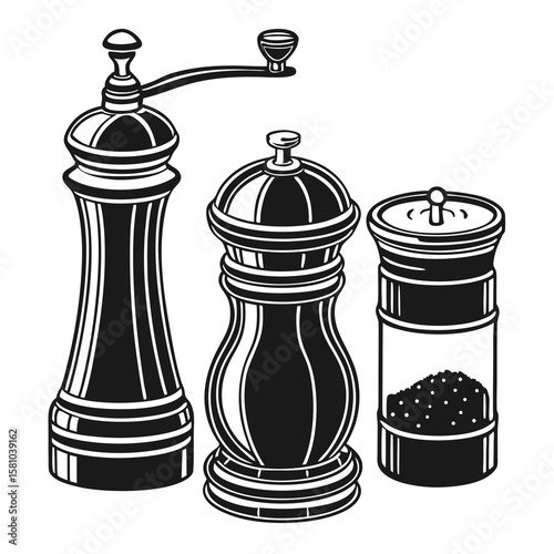 Black silhouette kitchen grinders and shaker white