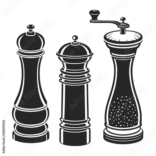 Black silhouette spice grinders and seasoning shakers