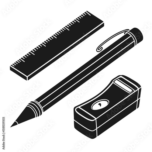 Black silhouette stationery set ruler pencil sharpener