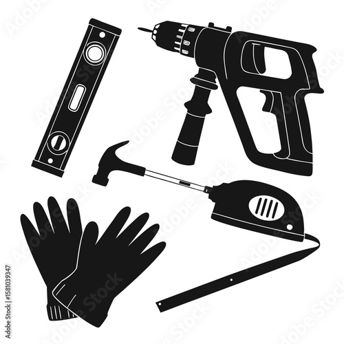 Black silhouettes of construction tools and gloves