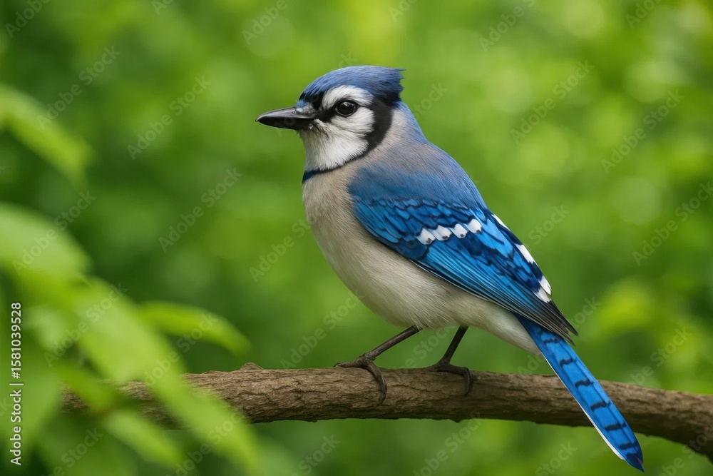 A serene moment captured as a blue jay perches on a branch, surrounded by lush greenery A serene moment captured as a blue jay perches on a branch, surrounded by lush greenery