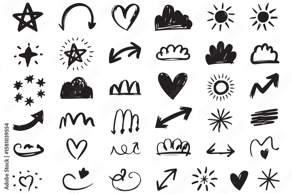 Naklejka premium Set of arrows hearts stars clouds symbol in flat silhouette style