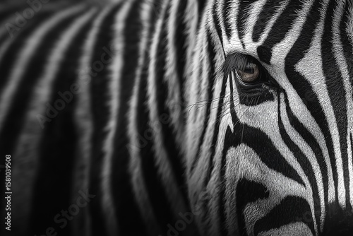 Intense Gaze: Black and White Close-up Study of a Zebra's Striking Striped Patterns and Eye