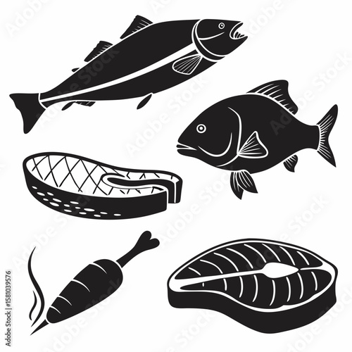 Black silhouettes of fish meat and vegetables salmon