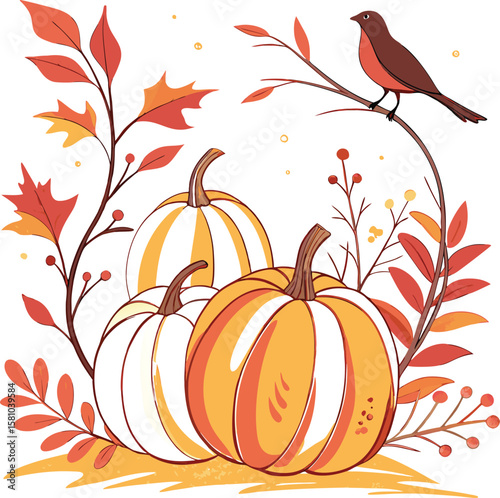 Orange pumpkins and autumn leaves create a vibrant fall harvest illustration perfect for Halloween or Thanksgiving