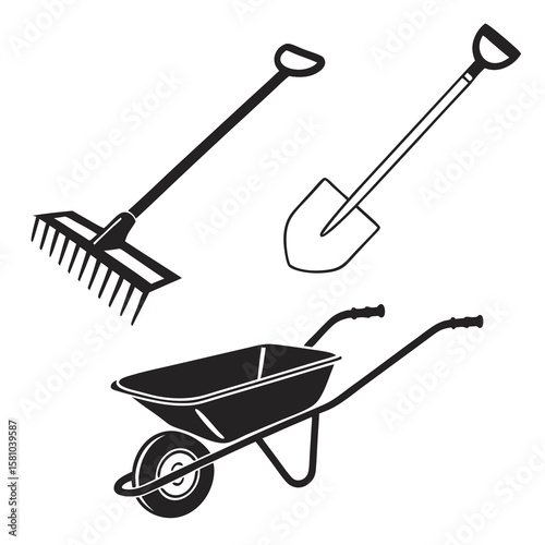 Black silhouettes of garden tools and wheelbarrow landscaping