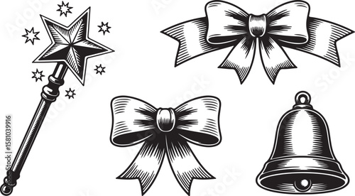 A black and white illustration set of four decorative elements arranged in a square layout  '